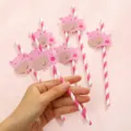 Pink hippo paper straws detail view, cute cartoon animal disposable party drink straws. - Pink Striped Hippo Straw