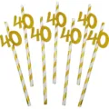 Gold striped paper straws with glitter number 40 cutouts for 40th birthday party decor. - Number 40 Style / 10 Piece Set