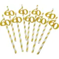 10pcs disposable biodegradable paper straws with gold foil stripes and number 60 detail - Number 60 Style / 10 Piece Set