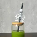 Halloween skeleton straw glass cup decoration with bamboo lid and reusable black drinking straw. - 4 Pcs White Skull Black Straw