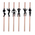Rose gold paper straws with funny muscular man silhouette cutouts for bachelorette party decor. - 6 Pieces/Pack / Solid Rose Gold Black Man Style