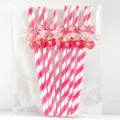 Pink striped paper straws with cute cherry and bow decorations, perfect for parties and events. - Rose Red Stripe