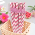 Pink striped paper straws with lemon cutout decorations, perfect for parties and drinks. - Rose Red Stripe