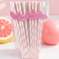 Pink striped paper straws with cute lemon decorations for holiday party supplies. - Pink Stripe