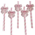 Pink bow paper straws eco-friendly disposable party drink accessories cute home use 50pcs - Large Plaid Bow Straw