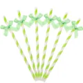 Green striped paper straws detail view with cute bowknot for birthday party table decor. - Fruit Green Striped Ribbon Bow Straws