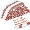 Set di posate usa e getta in plastica oro rosa con tovaglietti per feste e matrimoni. - Oro rosa