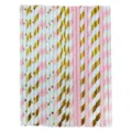 Biodegradable paper straws with pink and gold foil stripes and stars for party decor - 100 Packs / Pink Gold