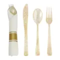 Set di posate usa e getta in plastica trasparente con glitter dorati, forchetta e coltello. - Oro Trasparente Glitter