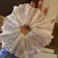 Detailed view of sweet lace hair scrunchie, soft mesh fabric, elegant hair accessory. - Pink