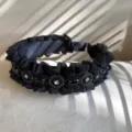 Black ruffled rhinestone headband detail, Korean style vintage hair hoop with sparkling crystals. - Black