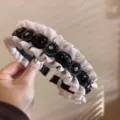 Korean vintage rhinestone ruffled headband detail, black beaded flower chic hair hoop accessory. - Light Pink
