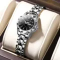 ORUSS women quartz watch diamond cut bezel stainless steel strap calendar luxury wrist watch - Silver Black Dial