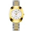 Reloj de cuarzo bicolor con caja ovalada dorada, índices de diamantes y correa de acero inox. - Banda Bicolor Dorado - Esfera Blanca - Hombres