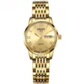 Reloj de cuarzo dorado para mujer con correa de metal, números romanos y función de calendario. - Correa Todo Oro de 9 Cuentas - Esfera Dorada Romana [Mujeres]