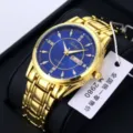Men's golden luxury quartz watch featuring a blue dial, date display and metal bracelet. - Gold Band Blue Dial