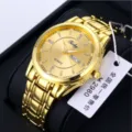 Men gold quartz watch with dual calendar display and metal bracelet luxury wristwatch gift. - Gold Band Gold Dial