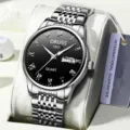 Detailed view of men silver metal wristwatch with black dial and Roman numerals calendar. - Silver Band Black Dial (Upgraded Version)
