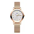Close-up detail of the elegant rose gold mesh quartz watch featuring a clean white dial. - Rose Gold Mesh Band White Dial