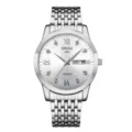 Men's silver quartz watch with stainless steel strap, elegant business casual wristwatch. - 9-Bead Silver Band Style (White Dial)