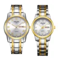 Couple quartz watch set with two-tone silver gold metal strap, classic Roman numeral dial. - Roman Two Tone Gold White Dial Couple Pair