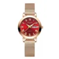 Detailed view of the luxury women quartz watch with red dial and rose gold mesh strap. - Mesh Band Women-Roman Red Dial