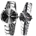 Montre quartz couple luxe bracelet acier inoxydable cadran noir strass calendrier - Style Leida Argent Cadran Noir / Ensemble Paire de Couple