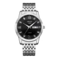 Men's quartz watch with metal strap, classic round dial, rhinestone and Roman numeral markers. - 9-Bead Silver Band Style (Black Dial)