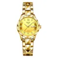 Elegant gold-tone quartz women wrist watch featuring faceted bezel and calendar display - Polygon All Gold Case Gold Dial