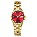Close-up detail of the women quartz watch with gold metal strap and striking red dial design. - Polygon All Gold Case Red Dial
