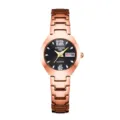 Detail shot of the rose gold women quartz watch with black dial, rhinestone markers and date. - Rose Gold Case Black Dial