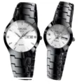 Détail de montre quartz couple avec bracelet en acier tungstène noir et cadran blanc. - Style Leida Argent Cadran Noir / Ensemble Paire de Couple