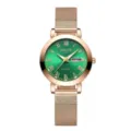 Detailed shot of the green dial quartz watch featuring Roman numerals and rose gold mesh strap. - Mesh Band Women-Roman Green Dial