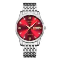 Detailed close view of mens quartz watch featuring red dial and silver metal bracelet. - 9-Bead Silver Band Style (Red Dial)