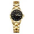 Detailed view of women gold quartz watch with black dial, diamond markers and steel strap. - Polygon All Gold Case Black Dial