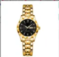 Gold Women's Quartz Watch Diamond-Cut Bezel Black Dial Dual Calendar Fashion Wristwatch - All Gold Band Black Dial Women