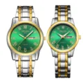 Detailed view of couple quartz watches with green dials, Roman numerals and two-tone straps. - Roman Two Tone Gold Green Dial Couple Pair