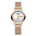 Detailed view of the rose gold quartz watch featuring a mesh strap and Roman numeral dial. - Mesh Band Women-Roman White Dial