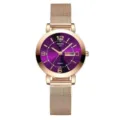 Women rose gold quartz watch with purple dial mesh strap and calendar display for daily wear - Purple