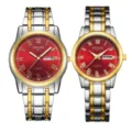 ORUSS couple quartz watches set, red dial, two-tone stainless steel strap, calendar waterproof. - Roman Two Tone Gold Red Dial Couple Pair