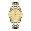 Close-up of gold textured dial, Roman numerals, crystal hour markers and two-tone steel band. - Two-Tone Gold Gold Face