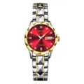 Women quartz watch with red dial, stainless steel gold silver strap and double calendar display. - Polygon Two-Tone Gold Ring Red Dial
