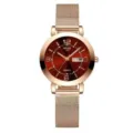 Detailed view of the luxury women quartz watch with red dial and rose gold mesh strap. - Red