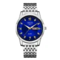 Men's quartz watch with blue dial silver stainless steel strap and calendar display detail view. - 9-Bead Silver Band Style (Blue Dial)