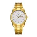 Men's gold quartz watch detail view, elegant textured white dial with calendar display. - Gold Case White Dial Male