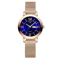 Elegant women rose gold quartz watch with blue sunburst dial mesh strap detail product display - Blue