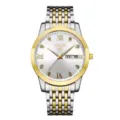 Vue détaillée de la montre quartz en acier inoxydable bicolore avec cadran blanc. - Style Bicolore Or à 9 Perles (Cadran Blanc)