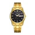 Gold tone quartz watch detail view, black dial with crystal markers and calendar display. - Gold Case Black Dial Male