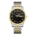 Montre quartz bicolore pour homme avec cadran noir, chiffres romains et affichage de la date. - Style Bicolore Or à 9 Perles (Cadran Noir)