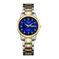 Vista dettagliata dell'orologio da donna al quarzo con quadrante blu e bracciale bicolore. - Bicolore Oro e Argento con Quadrante Blu